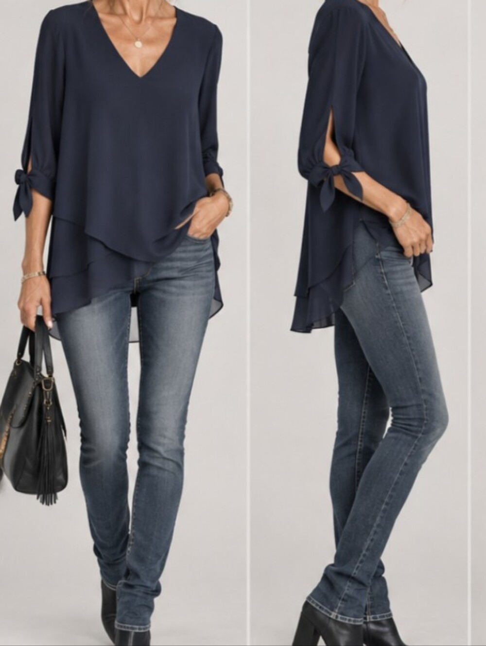 Karen Kane NWOT XS Navy Asymmetrical Vneck Dbl Slit Tie 3/4 Sleeve Blouse Tunic